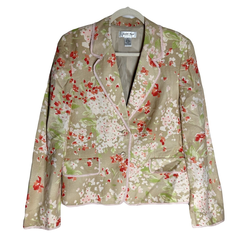 Judith Hart Collection Womens Floral Blazer Jacket Size 12 Linen Rayon Blend
